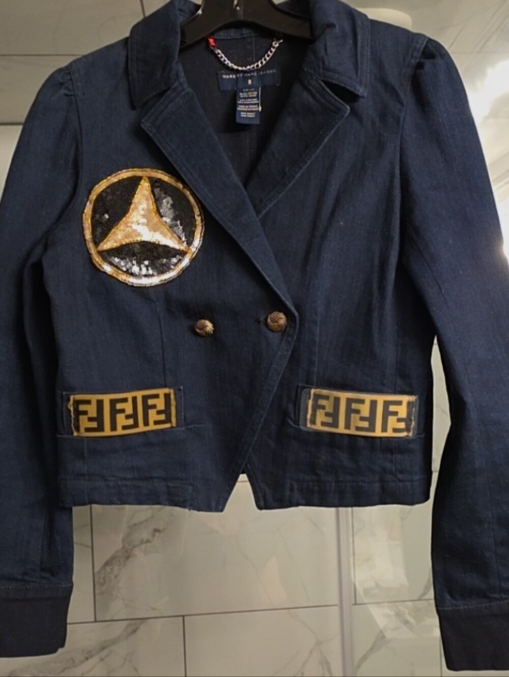 NEW Marc by Marc Jacobs Navy Denim Crop Blazer w/ Mercedes Fendi Accents Sz 8